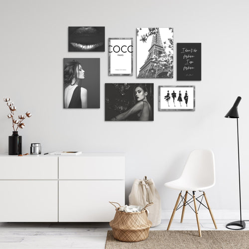 Novart Wandbilder Fashion - KOMPLETT AUFHÄNGFERTIG - Schwarz Weiss Wohnzimmer Mädchen Teenager - 7 Moderne Mood-Bilder - N000871a