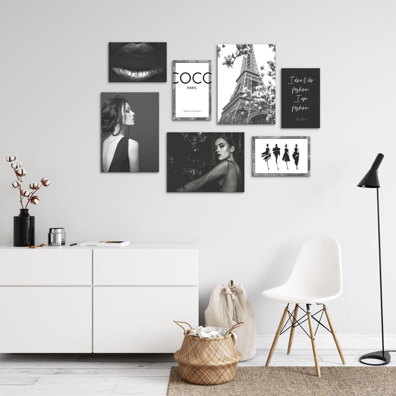Novart Wandbilder Fashion - KOMPLETT AUFHÄNGFERTIG - Schwarz Weiss Wohnzimmer Mädchen Teenager - 7 Moderne Mood-Bilder - N000871a