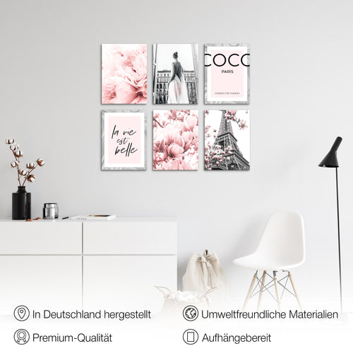 Novart Wandbilder - KEIN EXTRA RAHMEN BENÖTIGT - Wohnzimmer Mädchen Teenager - Bilder Modern Fashion Coco - Grau Rosa - N002465a