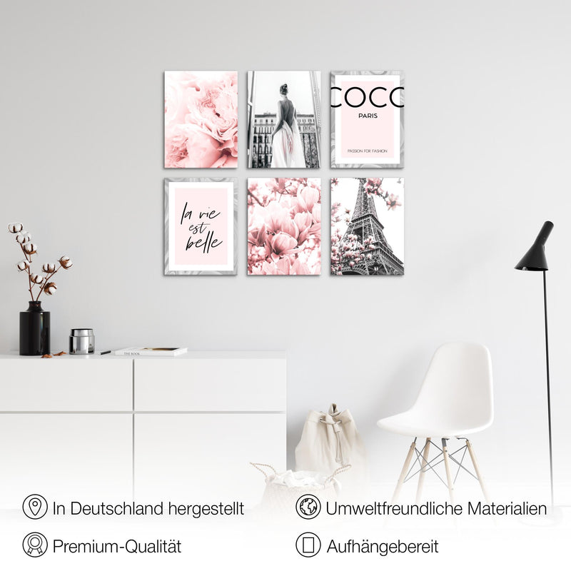 Novart Wandbilder - KEIN EXTRA RAHMEN BENÖTIGT - Wohnzimmer Mädchen Teenager - Bilder Modern Fashion Coco - Grau Rosa - N002465a