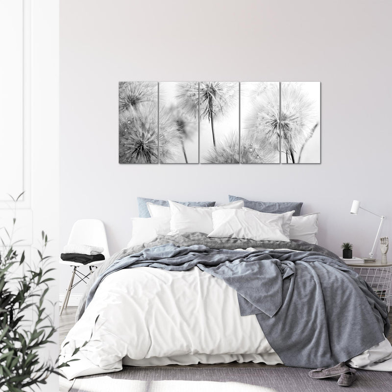 Runa Art Wandbild XXL Blumen Pusteblumen Wohnzimmer Schlafzimmer 200 x 80 cm Schwarz Weiss 5 Teilig - Made in Germany - 042055c
