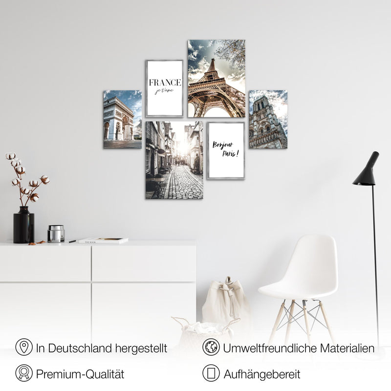 Novart Wandbilder Set Paris France Stadt - KEIN EXTRA RAHMEN BENÖTIGT -  Modern Deko  - Wohnzimmer Schlafzimmer N005163a