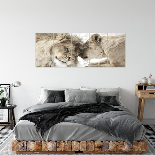 Runa Art Wandbild XXL Löwen Liebe Wohnzimmer Schlafzimmer 200 x 80 cm Beige 5 Teilig - Made in Germany - 002155b