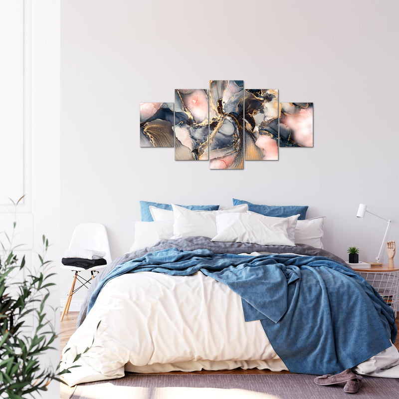 Runa Art Bild Wohnzimmer Schlafzimmer Abstrakt 5 Teilig Pastel blau rosa Gold Wandbilder auf Vlies Leinwand 043853a
