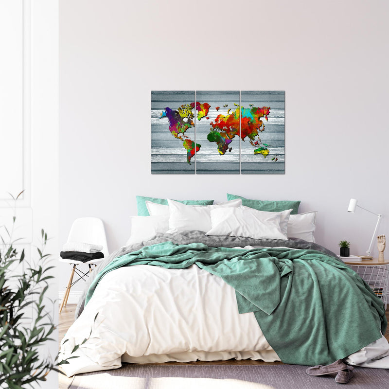 Runa Art Wandbilder Weltkarte Bild XXL Büro Wohnzimmer Bunt Kontinente Holz 120 x 80 cm 3 Teilig 105431c