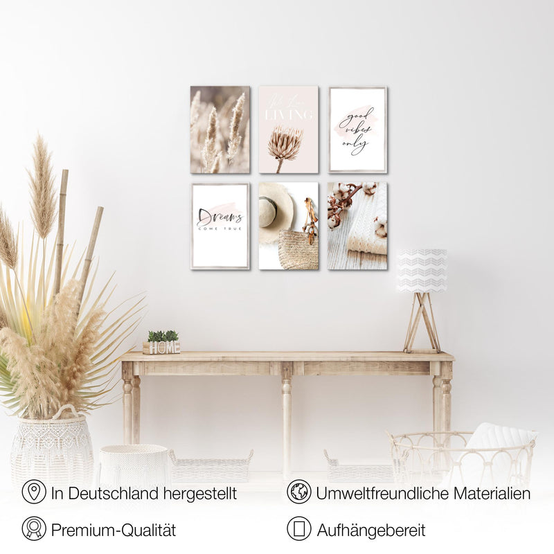 Novart Wandbilder Set Boho Pampasgras - KOMPLETT AUFHÄNGFERTIG - Made in Germany - Moderne Bilder  Wohnzimmer Schlafzimmer - N006664a