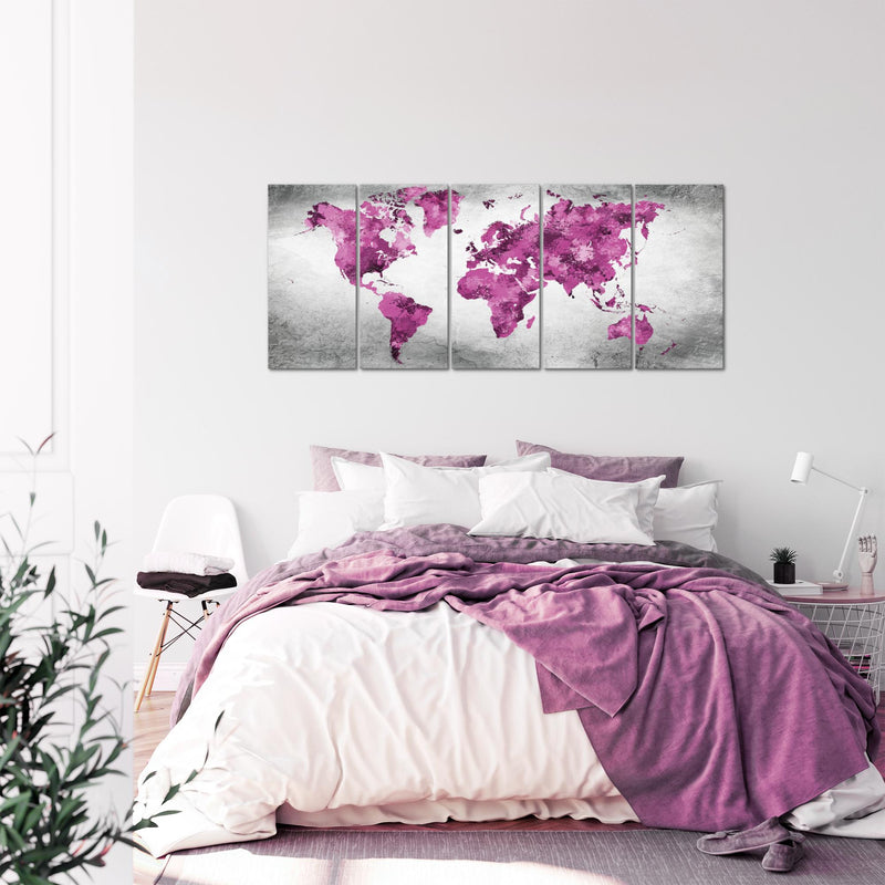 Runa Art Wandbild XXL Weltkarte Büro Wohnzimmer 200 x 80 cm Rosa Grau 5 Teilig - Made in Germany - 013355c