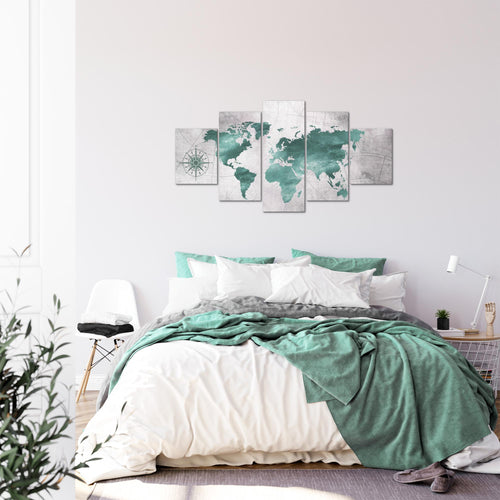 Runa Art Bild Büro Wohnzimmer Weltkarte 5 Teilig Vintage Grün Grau Wandbilder auf Vlies Leinwand 026053c