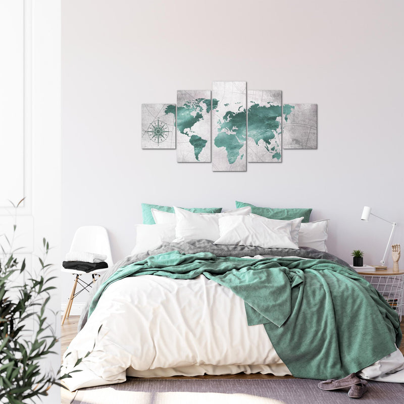 Runa Art Bild Büro Wohnzimmer Weltkarte 5 Teilig Vintage Grün Grau Wandbilder auf Vlies Leinwand 026053c
