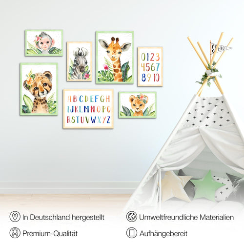 Novart Wandbilder Tiere Afrika - KOMPLETT AUFHÄNGFERTIG - Grün Kinderzimmer Mädchen Junge - 7 Moderne Mood-Bilder - N017371a