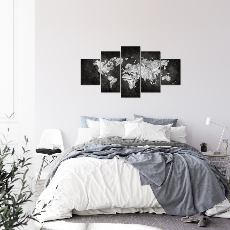 Runa Art Bild Büro Wohnzimmer Weltkarte 5 Teilig Kontinente Schwarz Weiss Wandbilder auf Vlies Leinwand 002953a