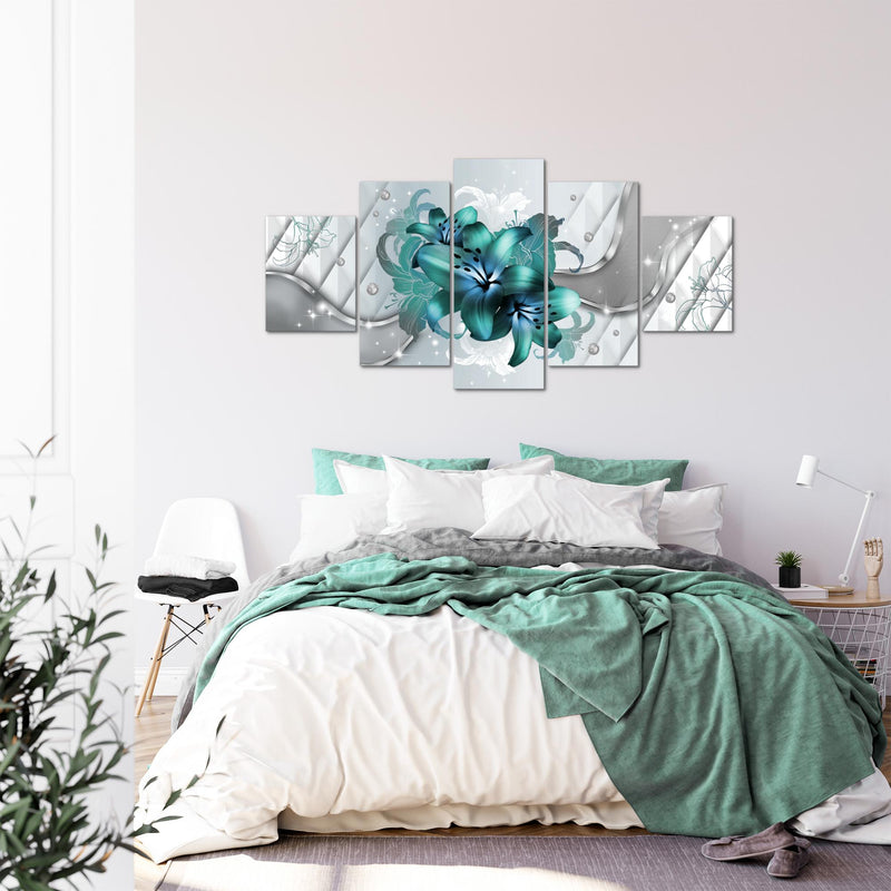 Runa Art - Bilder Blumen Lilien 200 x 100 cm 5 Teilig XXL Wanddekoration Design Türkis 017351a