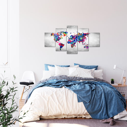 Runa Art Bild Büro Wohnzimmer Weltkarte 5 Teilig Vintage Kontinente Bunt Wandbilder auf Vlies Leinwand 013353b