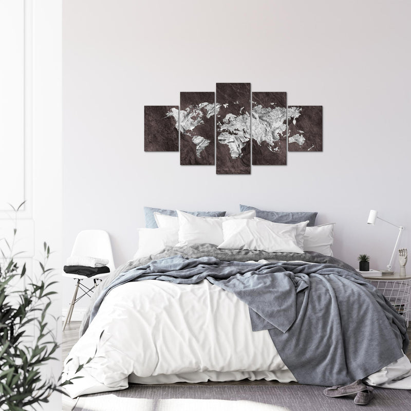 Runa Art Bild Büro Wohnzimmer Weltkarte 5 Teilig Landkarte Beton Braun Wandbilder auf Vlies Leinwand 002953b