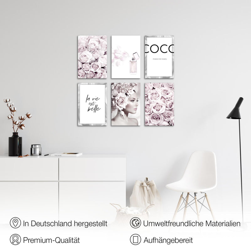 Novart Wandbilder Set Coco Fashion - KOMPLETT AUFHÄNGFERTIG - Made in Germany - Moderne Bilder  Wohnzimmer Mädchen Teenager - N000764a