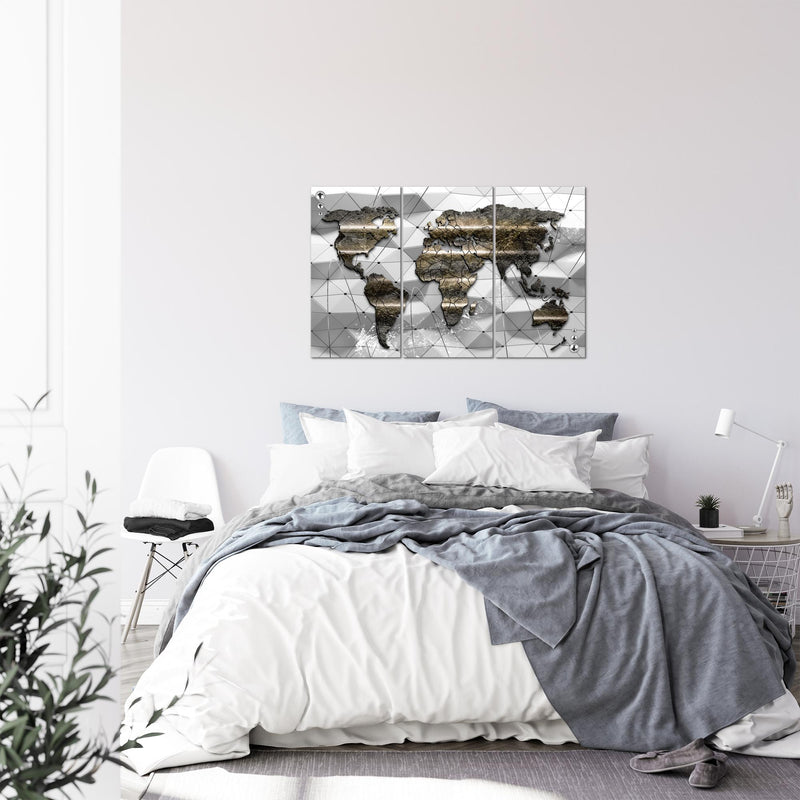 Runa Art Wandbilder Weltkarte Bild XXL Büro Wohnzimmer Grau 3D Effekt 120 x 80 cm 3 Teilig 005231c