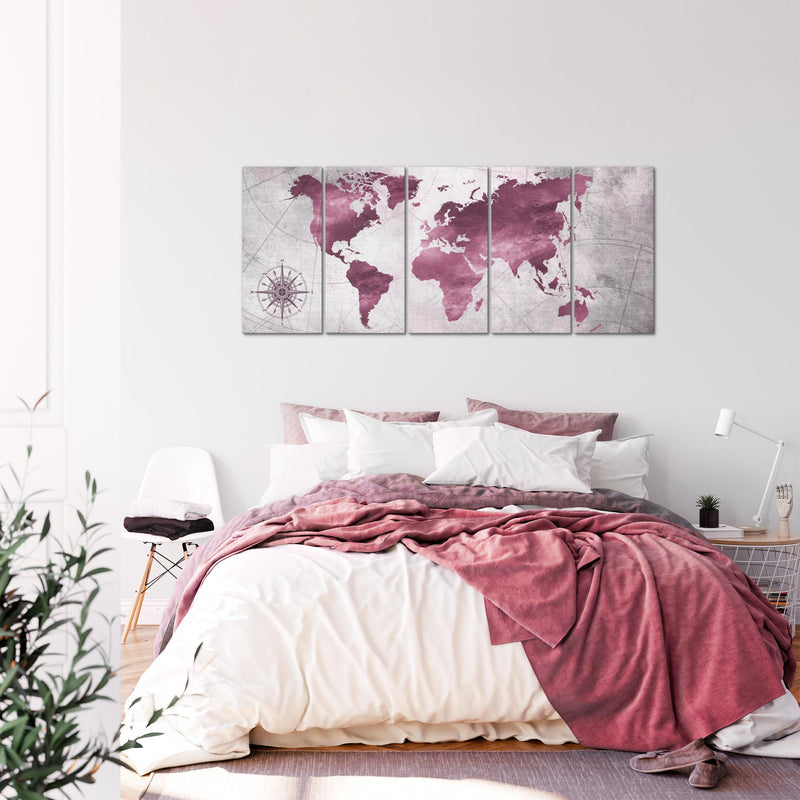 Runa Art Wandbild XXL Weltkarte Büro Wohnzimmer 200 x 80 cm Pink 5 Teilig - Made in Germany - 026055b