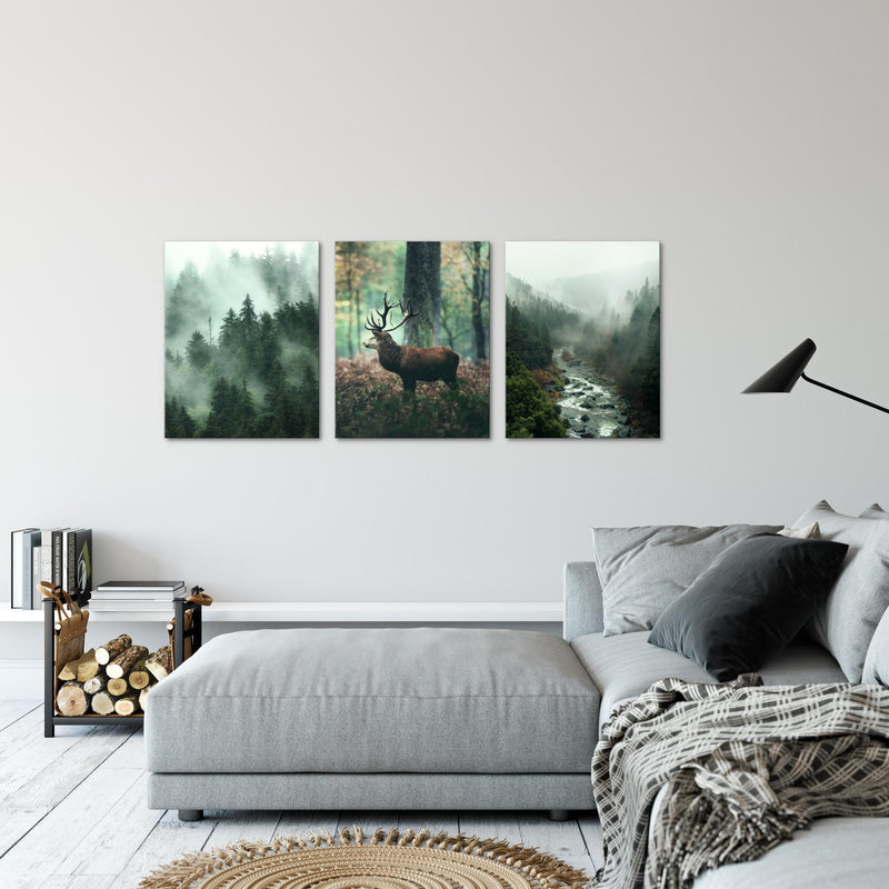 Novart Wandbilder Set Landschaft - KOMPLETT AUFHÄNGFERTIG - Wohnzimmer Schlafzimmer Büro Deko - 3 Moderne Bilder Waldlandschaft - N004635a