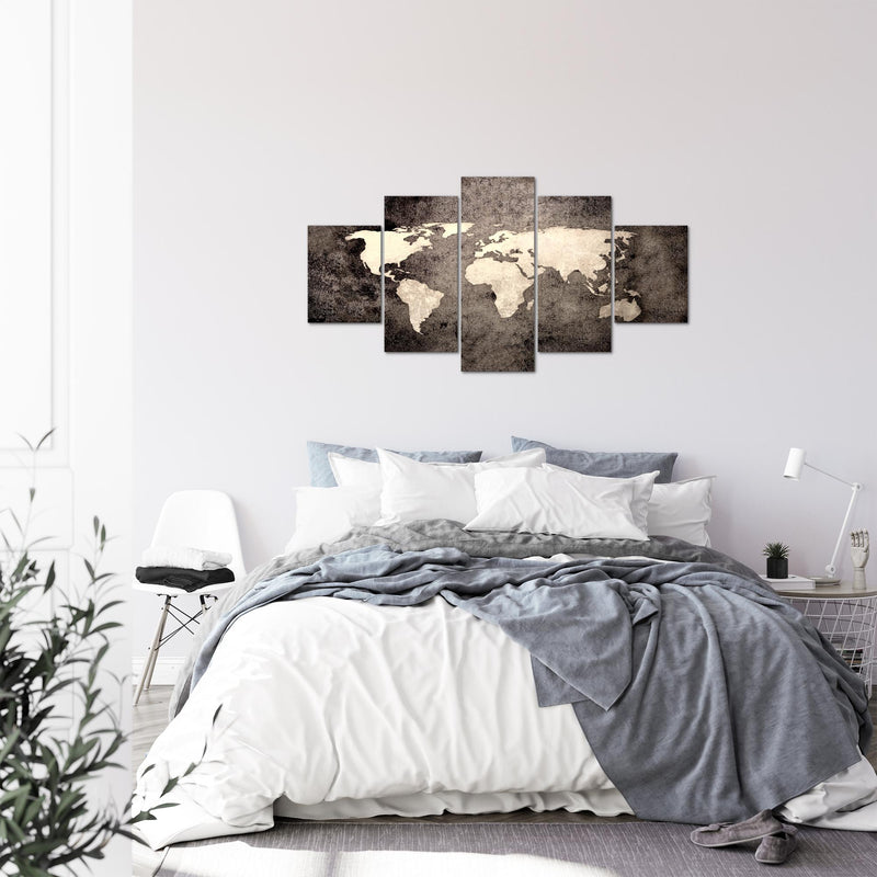 Runa Art Bild Büro Wohnzimmer Weltkarte 5 Teilig Vintage Antik Braun Wandbilder auf Vlies Leinwand 101753c