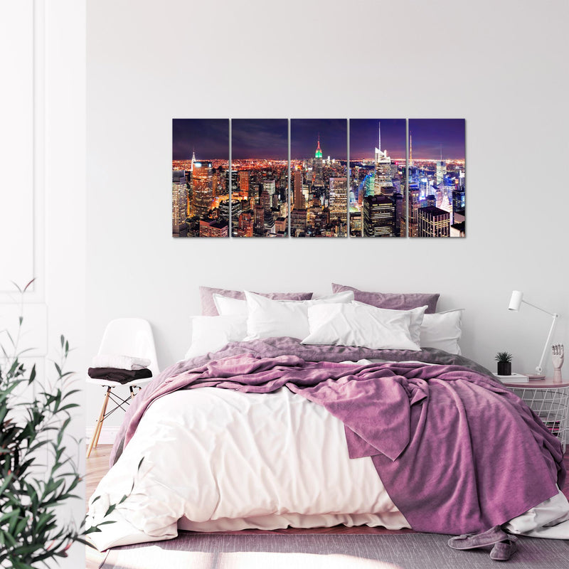 Runa Art Wandbild XXL New York Skyline Wohnzimmer Büro 200 x 80 cm Violett Lila 5 Teilig - Made in Germany - 036255a