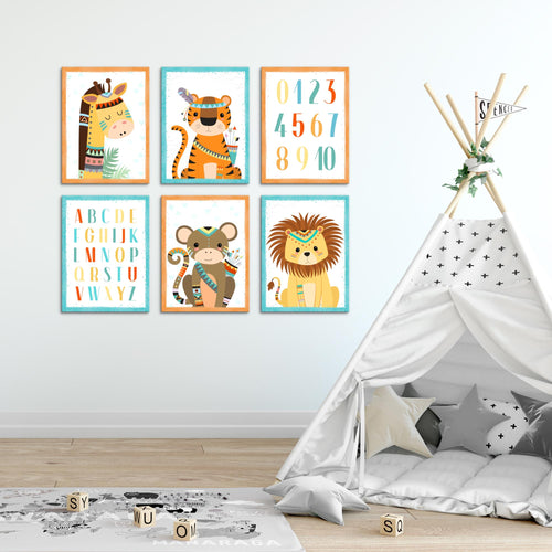 Novart Wandbilder - KEIN EXTRA RAHMEN BENÖTIGT - Kinderzimmer Mädchen Junge - Bilder Modern Tiere - Indianer - N000265b
