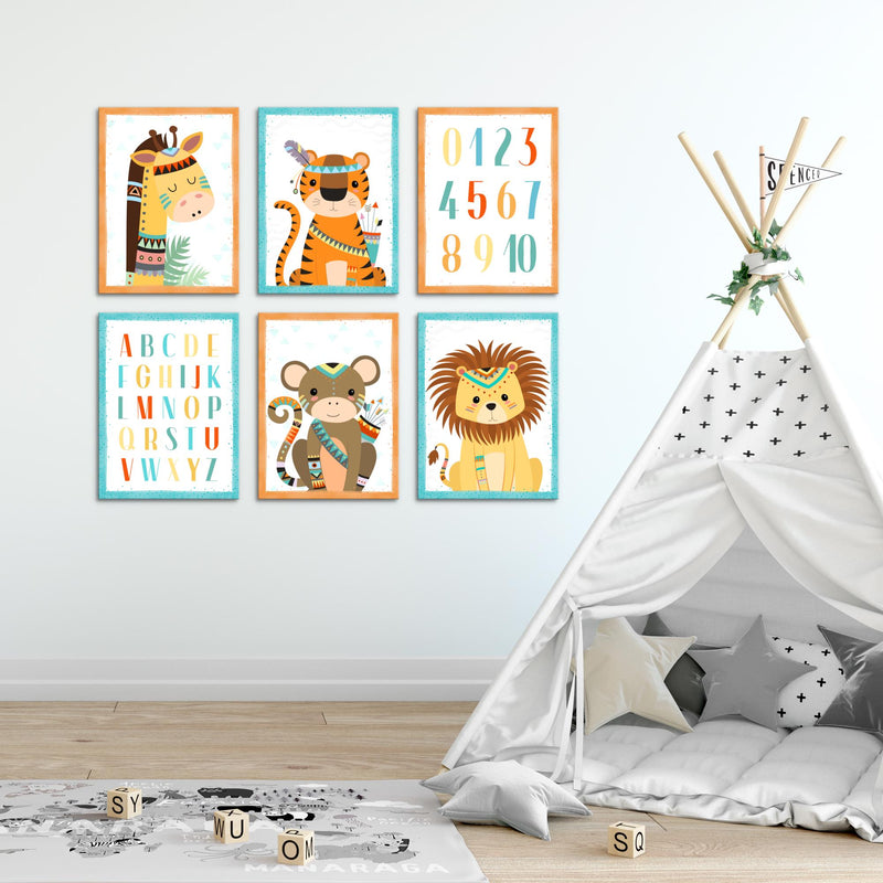 Novart Wandbilder - KEIN EXTRA RAHMEN BENÖTIGT - Kinderzimmer Mädchen Junge - Bilder Modern Tiere - Indianer - N000265b