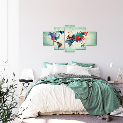 Runa Art Bild Büro Wohnzimmer Weltkarte 5 Teilig Kontinente Bunt Grün Wandbilder auf Vlies Leinwand 105153b