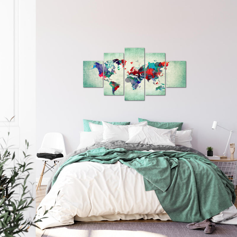 Runa Art Bild Büro Wohnzimmer Weltkarte 5 Teilig Kontinente Bunt Grün Wandbilder auf Vlies Leinwand 105153b