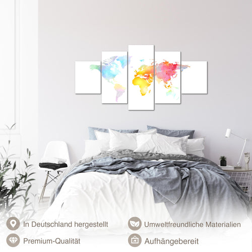 Runa Art - Bilder Weltkarte 200L x 100B cm 5 Teilig XXL Wanddekoration Design Weltkarte Farben Bunt 057551a