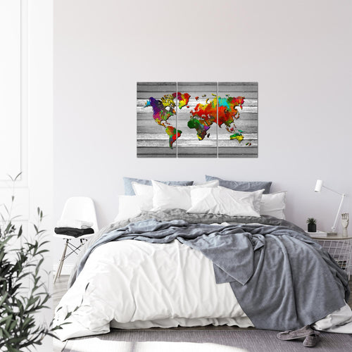 Runa Art Wandbilder Weltkarte Bild XXL Büro Wohnzimmer Bunt Kontinente Holz 120 x 80 cm 3 Teilig 105431b