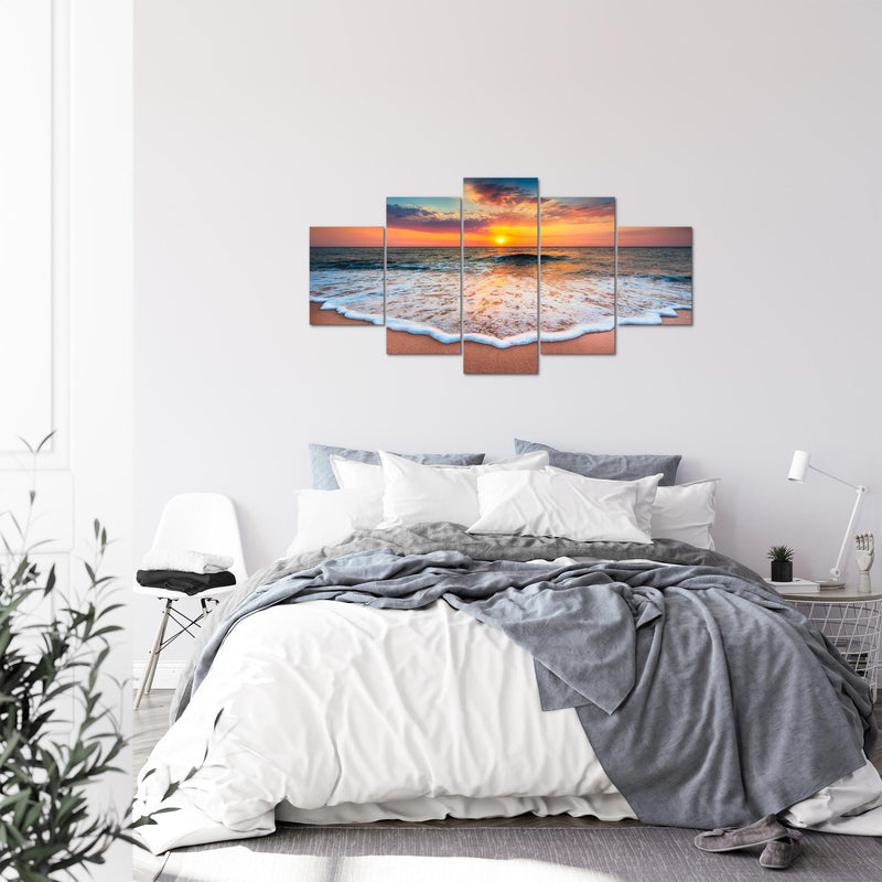 Runa Art Bild Wohnzimmer Schlafzimmer Strand Meer 5 Teilig Sonnenuntergang Orange Wandbilder auf Vlies Leinwand 044553a