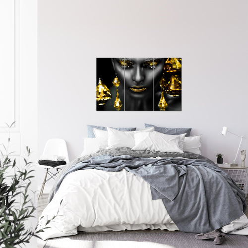 Runa Art Wandbilder Frau Gesicht Lippen Bild XXL Wohnzimmer Schlafzimmer Schwarz Gold Kosmetik Fashion 120 x 80 cm 3 Teilig 042131c
