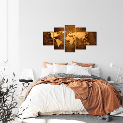 Runa Art Bild Büro Wohnzimmer Weltkarte 5 Teilig Vintage Antik Gold Wandbilder auf Vlies Leinwand 101753a