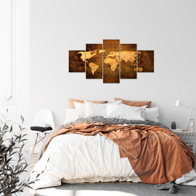 Runa Art Bild Büro Wohnzimmer Weltkarte 5 Teilig Vintage Antik Gold Wandbilder auf Vlies Leinwand 101753a