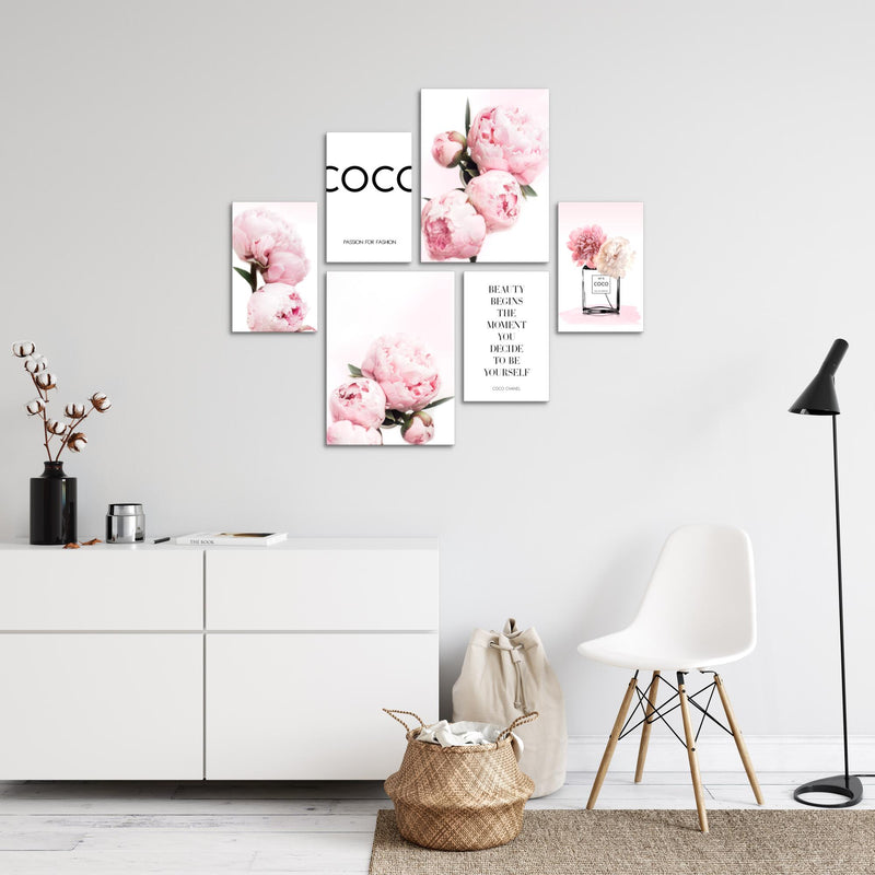 Novart Wandbilder Set Blumen Pfingstrosen Coco - KEIN EXTRA RAHMEN BENÖTIGT -  Modern Deko  - Wohnzimmer Mädchen Teenager N009463a
