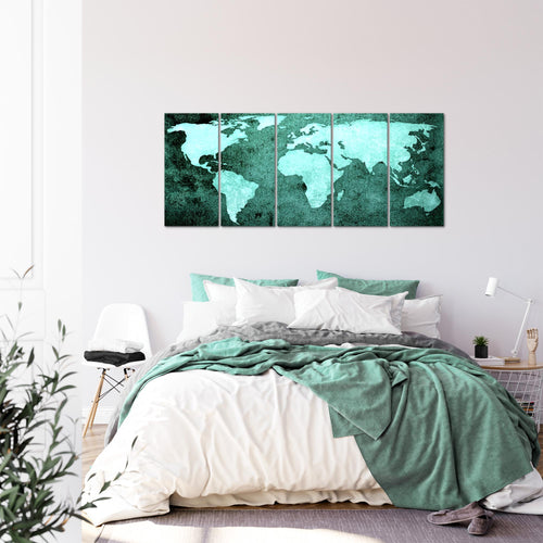 Runa Art Wandbild XXL Weltkarte Büro Wohnzimmer 200 x 80 cm Türkis 5 Teilig - Made in Germany - 101755b
