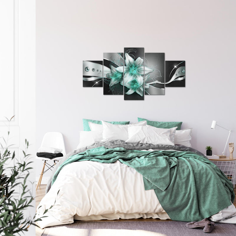 Runa Art Bild Wohnzimmer Schlafzimmer Blumen Lilien 5 Teilig Abstrakt Schwarz Türkis Wandbilder auf Vlies Leinwand 039653b