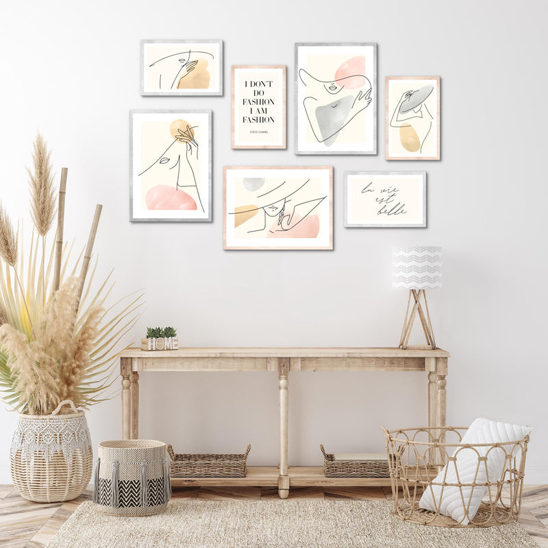 Novart Wandbilder Fashion - KOMPLETT AUFHÄNGFERTIG - mit Spruch Wohnzimmer Mädchen Teenager - 7 Moderne Mood-Bilder - N022071a