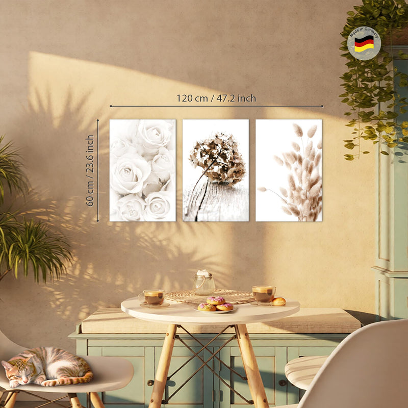 Novart Bilder Set Blumen Pflanzen - KEIN EXTRA RAHMEN BENÖTIGT - Wandbilder für Wohnzimmer Schlafzimmer Büro - 3 Teilig Deko Rosen - N023136a