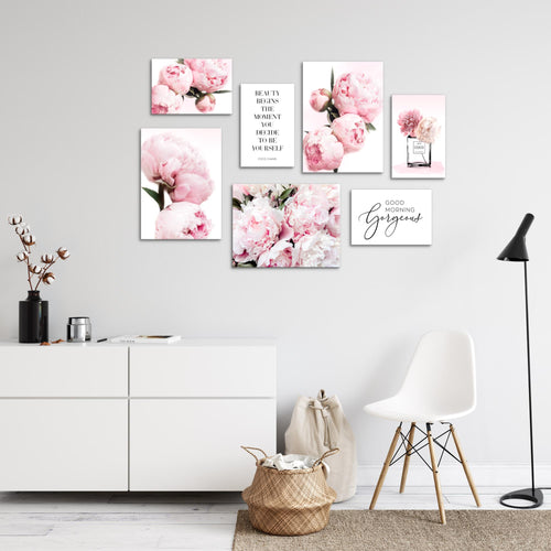 Novart Wandbilder Fashion Blumen - KOMPLETT AUFHÄNGFERTIG - Rosa Wohnzimmer Mädchen Teenager - 7 Moderne Mood-Bilder - N009471a