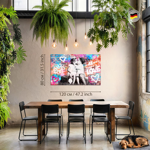 Runa Art Wandbilder the First Kiss Bild XXL Wohnzimmer Schlafzimmer Bunt Streetart Graffiti 120 x 80 cm 3 Teilig 044631a