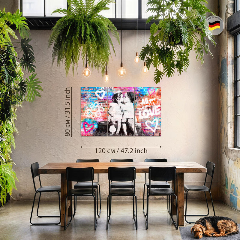 Runa Art Wandbilder the First Kiss Bild XXL Wohnzimmer Schlafzimmer Bunt Streetart Graffiti 120 x 80 cm 3 Teilig 044631a