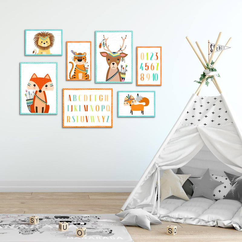 Novart Wandbilder Tiere - KOMPLETT AUFHÄNGFERTIG - Indianer Kinderzimmer Mädchen Junge - 7 Moderne Mood-Bilder - N000271a