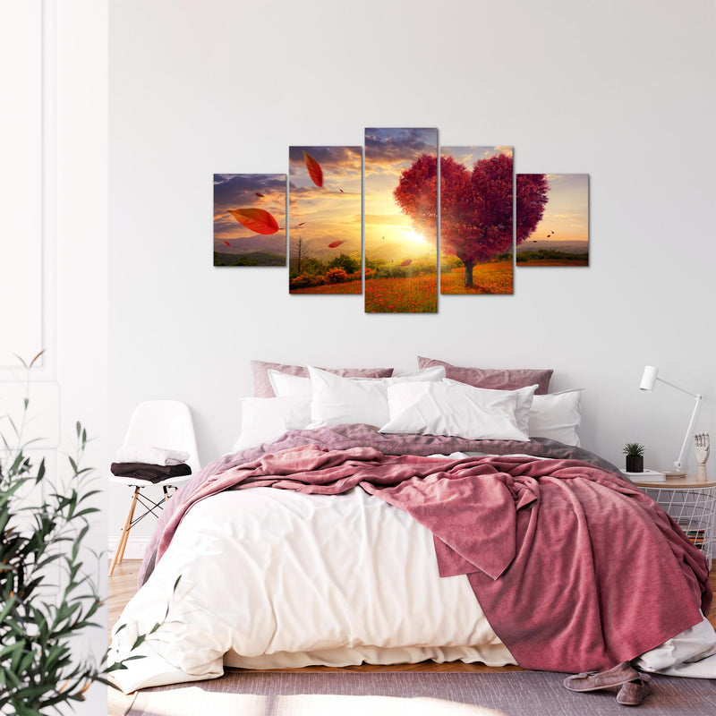 Runa Art - Bilder Herbst Baum Herz 200 x 100 cm 5 Teilig XXL Wanddekoration Design Rot Blau 605851a