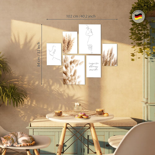 Novart Wandbilder Set Boho Pampasgras Line Art - KEIN EXTRA RAHMEN BENÖTIGT -  Modern Deko  - Wohnzimmer Schlafzimmer N012463a