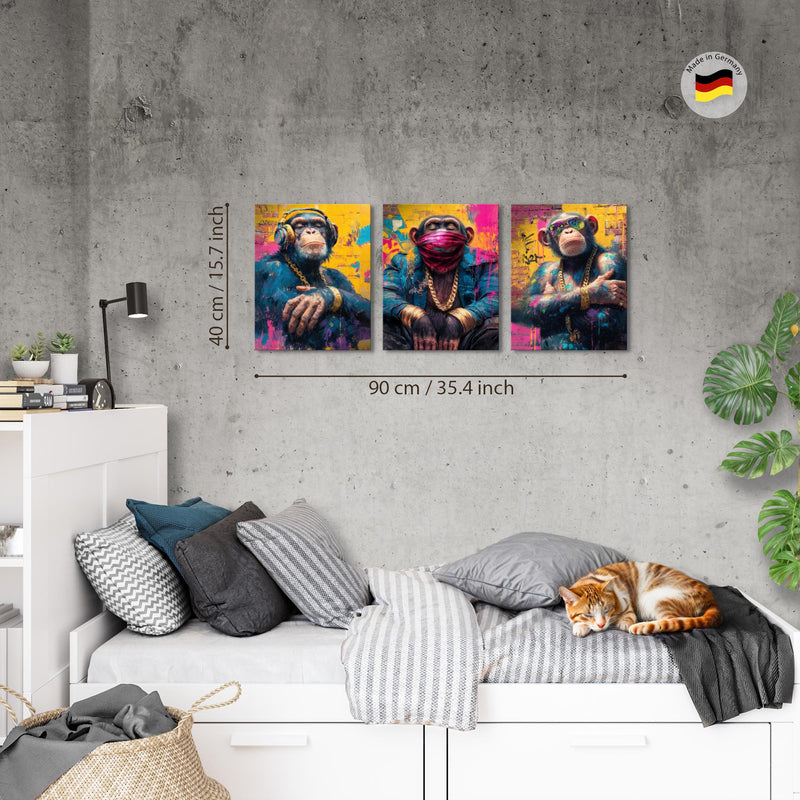 Novart Wandbilder Set Tiere - KOMPLETT AUFHÄNGFERTIG - Wohnzimmer Schlafzimmer Büro Deko - 3 Moderne Bilder Affe - N040535a