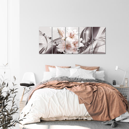 Runa Art Wandbild XXL Blumen Lilien Wohnzimmer Schlafzimmer 200 x 80 cm Grau 5 Teilig - Made in Germany - 017155c