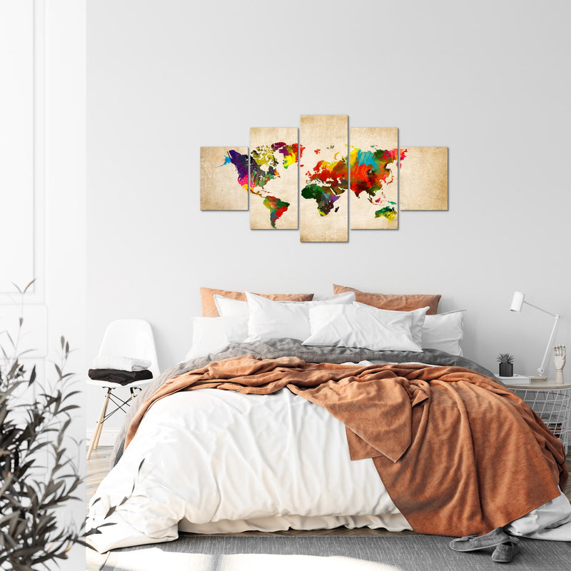 Runa Art Bild Büro Wohnzimmer Weltkarte 5 Teilig Kontinente Landkarte Bunt Wandbilder auf Vlies Leinwand 105153a