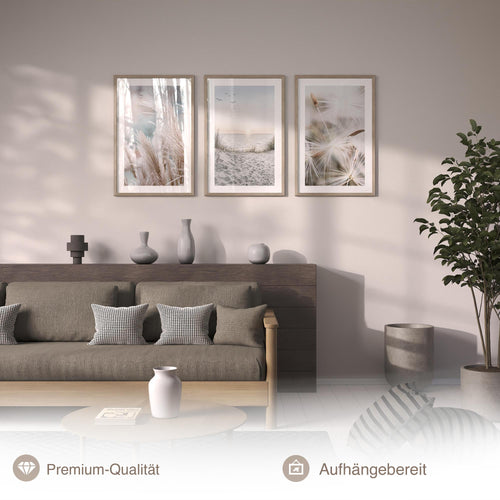 Novart Wandbilder mit Rahmen Strand Meer Boho - Wohnzimmer Schlafzimmer Flur Wanddeko - 3 Bilder Set Blau Beige - N133836aR1