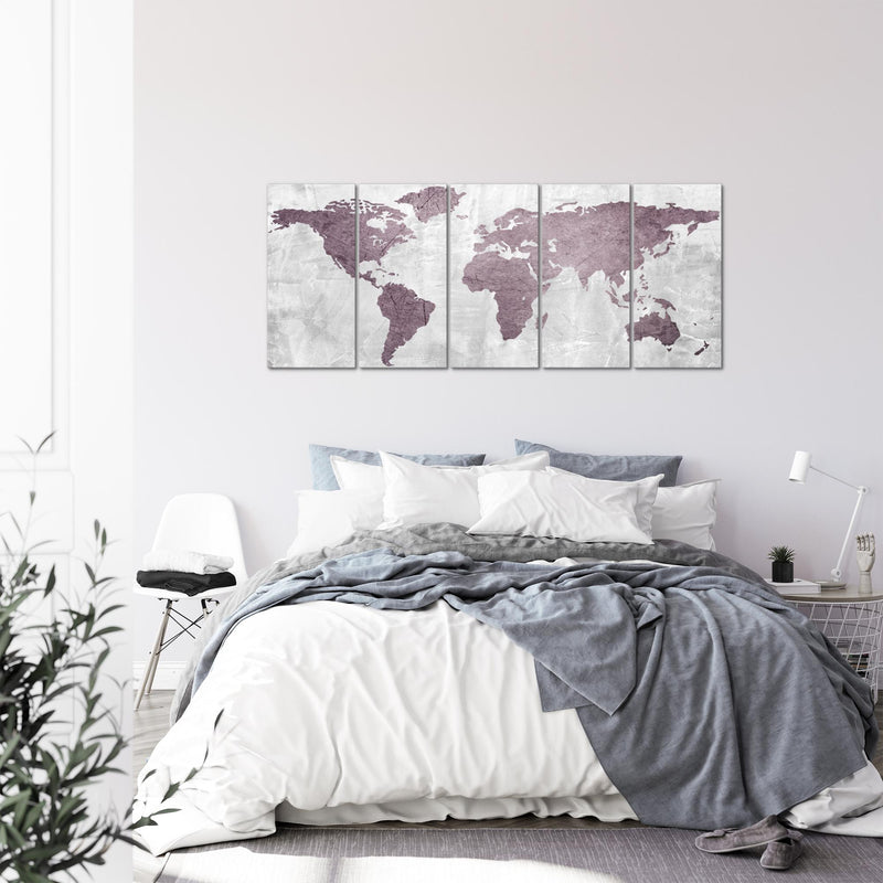 Runa Art Wandbild XXL Weltkarte Büro Wohnzimmer 200 x 80 cm Rosa 5 Teilig - Made in Germany - 104355a